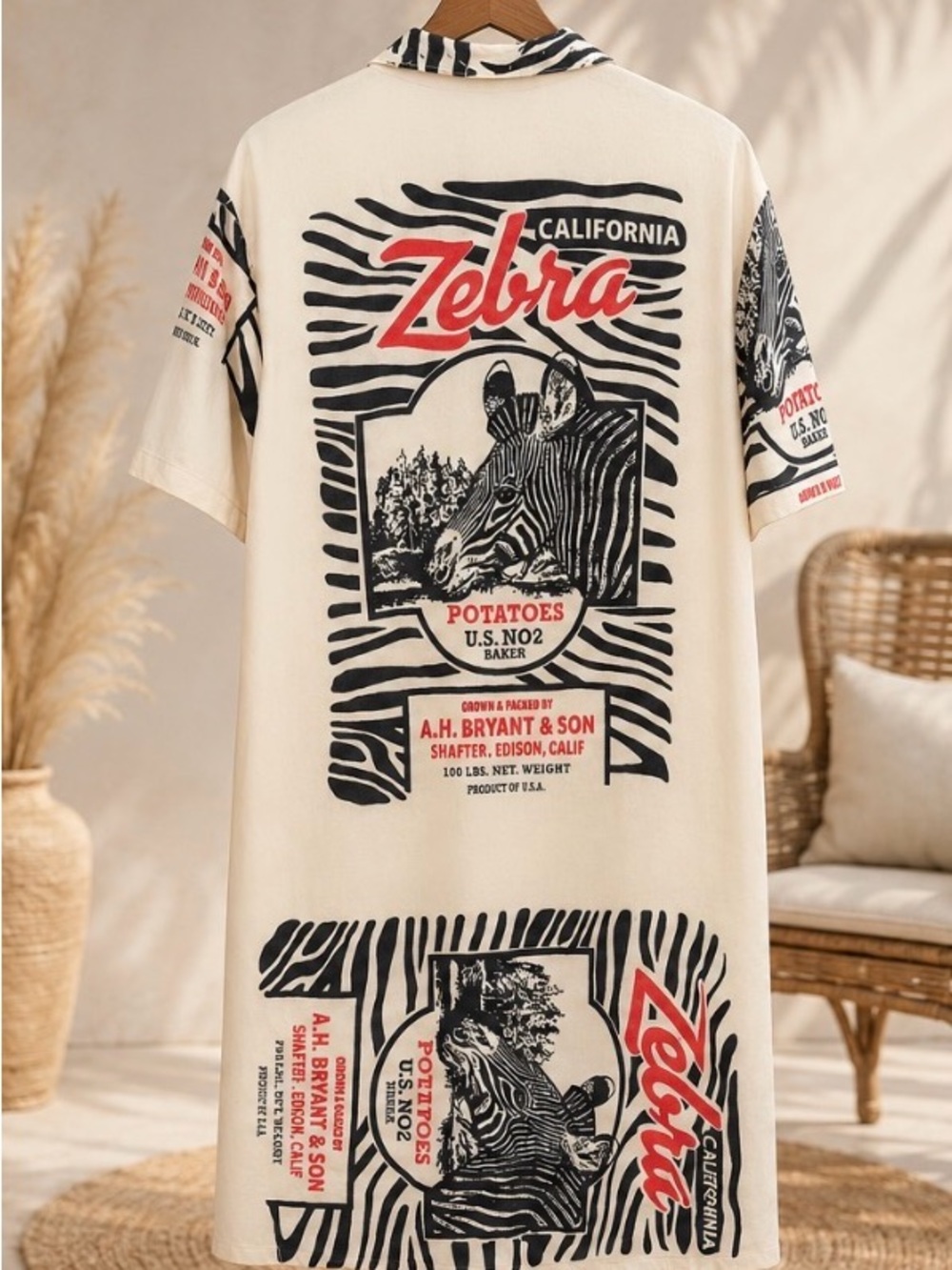The Zebra Graphic Button-Up Shirt Dress - Cream & Black with Red Accents - NWT - Picture 2 of 2